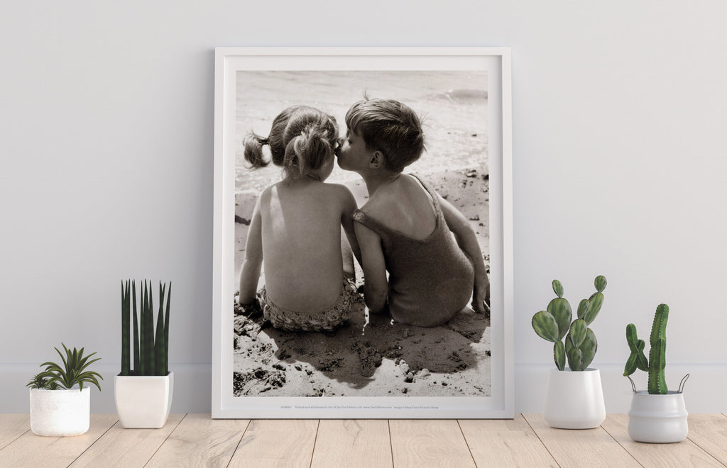Little Boy Kissing Liitle Girl Cheek - Premium Art Print