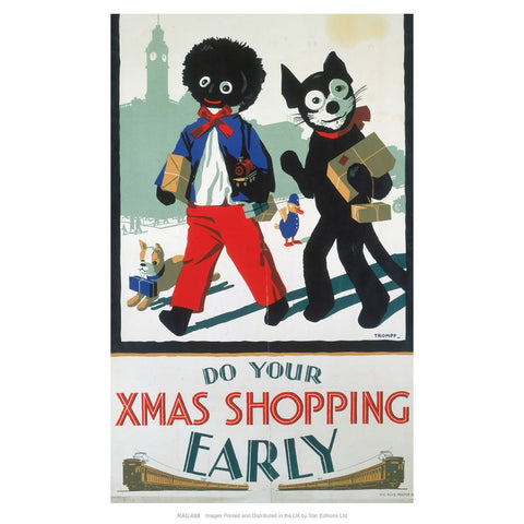 Do your Xmas Shopping Early - Golliwog and Bulldog with toy train and parcels 24" x 32" Matte Mounted Print