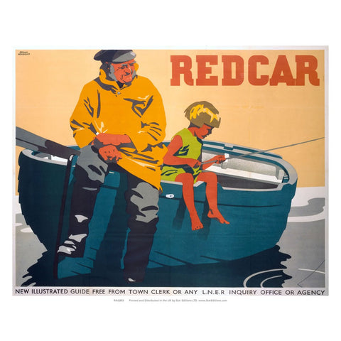 REDCAR - Fisherman watches child fishing off row boat 24" x 32" Matte Mounted Print