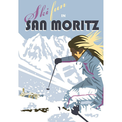 THOMPSON064: Ski Fun in San Moritz. 24" x 32" Matte Mounted Print