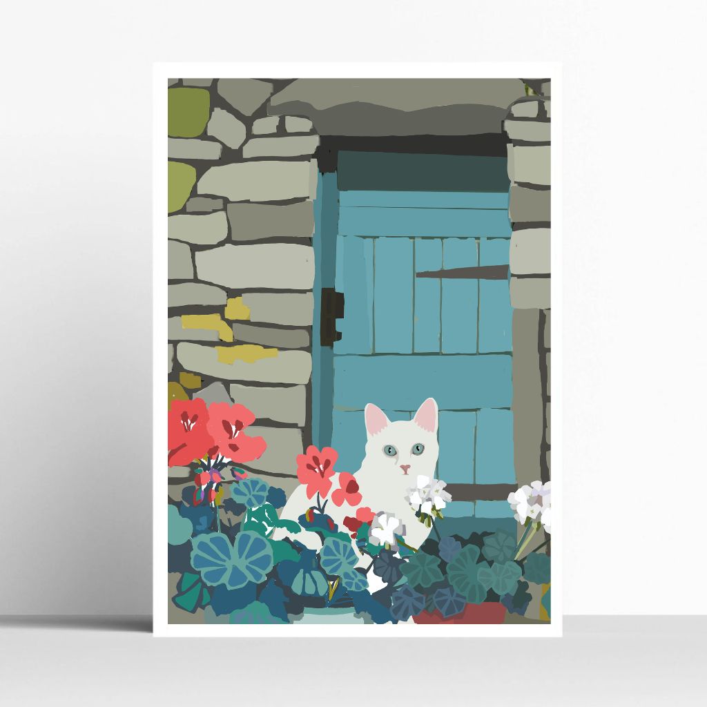 BOYNS051:White cat blue door