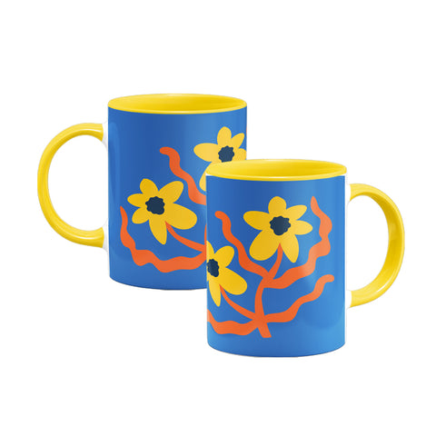 MACU005: Marie Curie Yellow and Orange Flower Colour Insert Mug - A Floral Hug Range