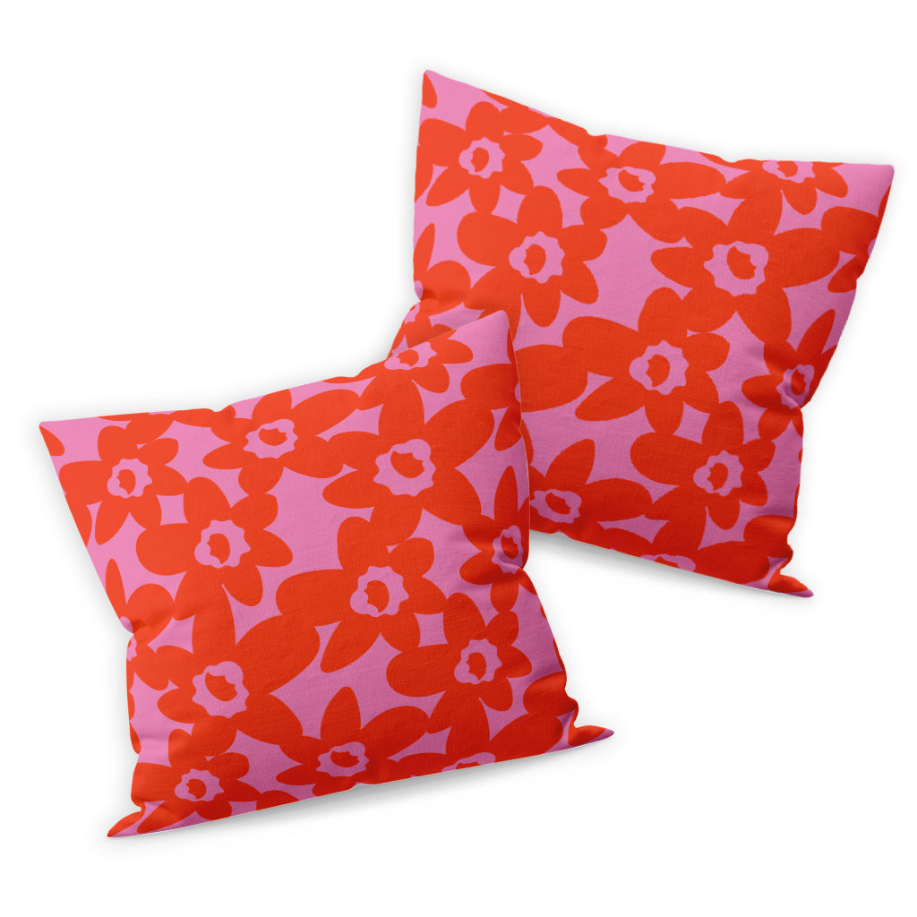 MACU013: Marie Curie Red Daffodils on Pink Cushion - A Floral Hug Range