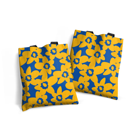 MACU015: Marie Curie Yellow Daffodils on Blue Edge-to-Edge Tote Bag - A Floral Hug Range