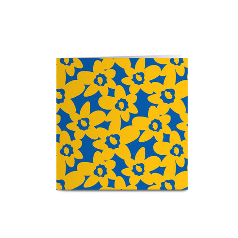 MACU025: Marie Curie Yellow Daffodils on Blue Square Greeting Card - A Floral Hug Range
