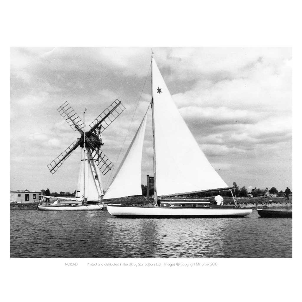 NOR043: B&W Photo of Broads and Windmill