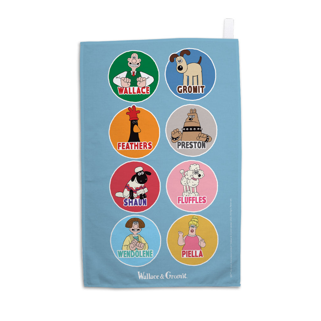 WAGR101: Wallace and Gromit - Character badges Tea towel