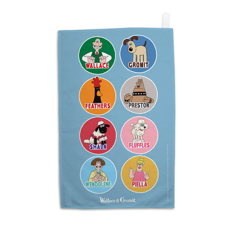 WAGR101: Wallace and Gromit - Character badges Tea towel