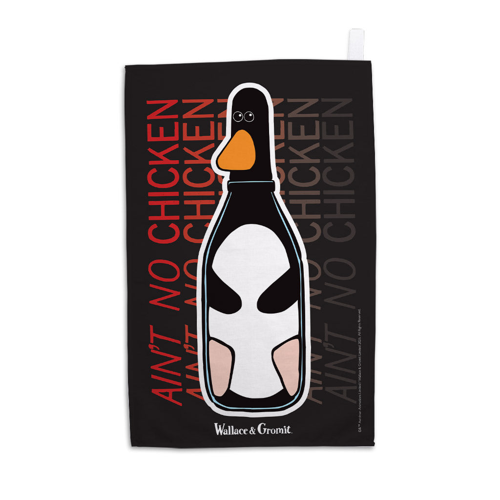 WAGR102: Wallace and Gromit - Ain't no Chicken (Feathers bottle) Tea towel