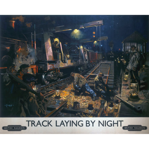 Track Laying By Night 24" x 32" Matte Mounted Print