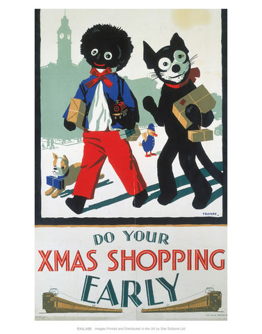 Do your Xmas Shopping Early - Golliwog and Bulldog with toy train and parcels 24" x 32" Matte Mounted Print