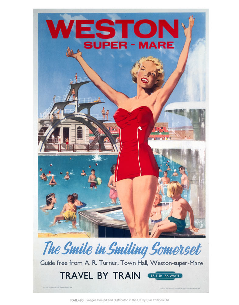 Weston-super-Mare - The smile in smiling Somerset - Girl in Red at the Swimming pool 24" x 32" Matte Mounted Print