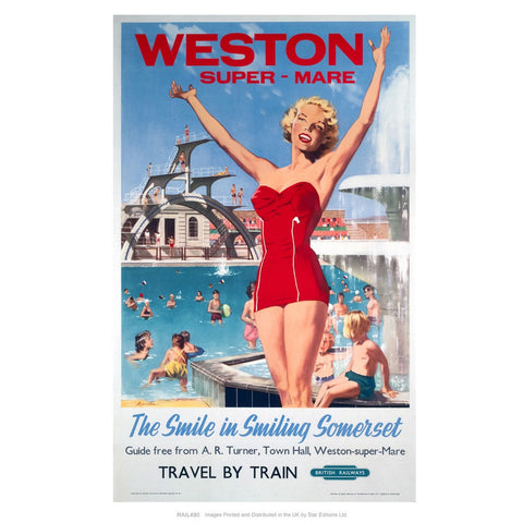 Weston-super-Mare - The smile in smiling Somerset - Girl in Red at the Swimming pool 24" x 32" Matte Mounted Print