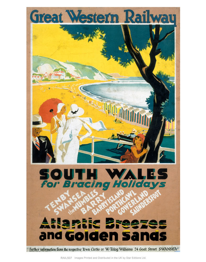 South Wales for Bracing Holidays - Atlantic Breezes and Golden Sands 24" x 32" Matte Mounted Print