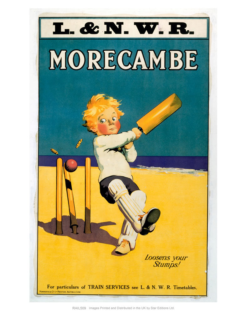 Morecambe - Loosens your stumps - Cricket on the beach 24" x 32" Matte Mounted Print