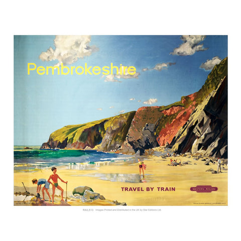 Pembrokeshire Travel by Train - Beach scene 24" x 32" Matte Mounted Print