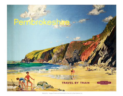 Pembrokeshire Travel by Train - Beach scene 24" x 32" Matte Mounted Print