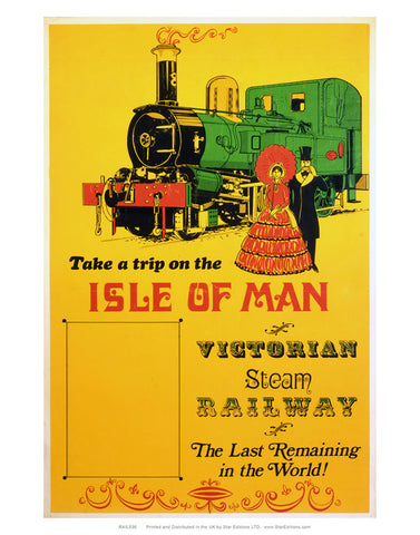 Isle of Man Trip - Victorian steam railway yellow poster 24" x 32" Matte Mounted Print