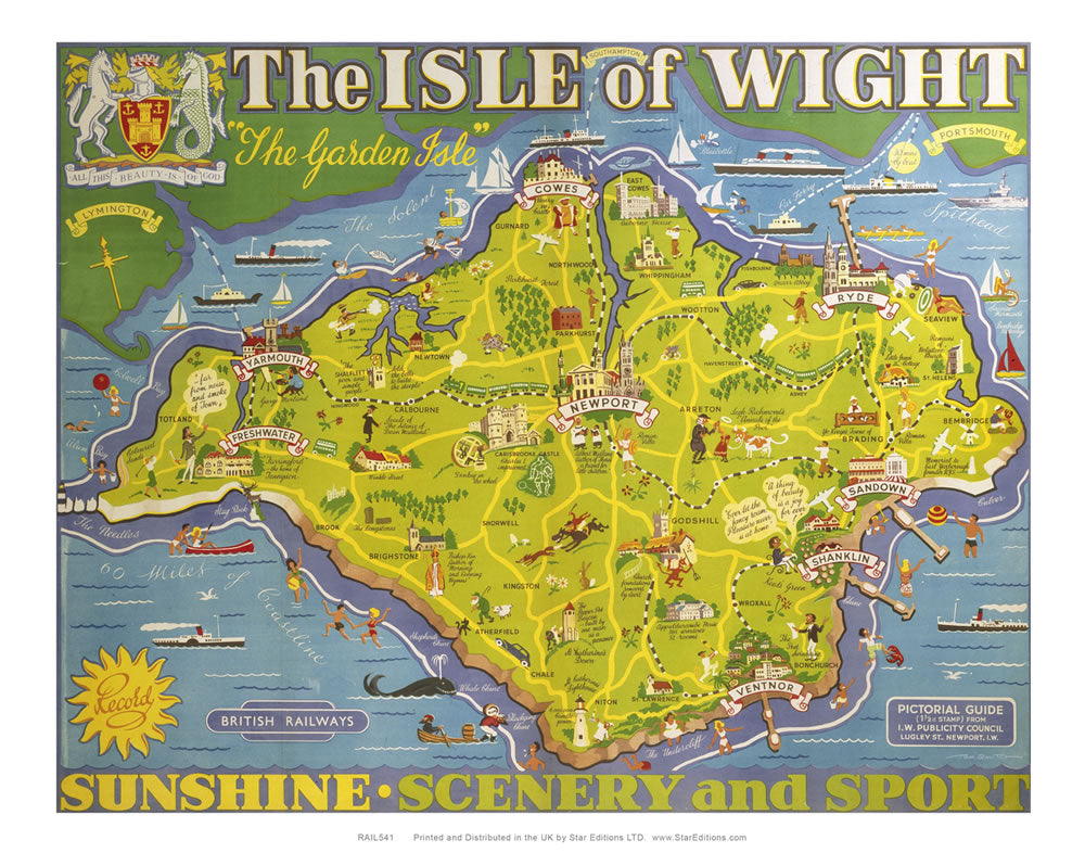 Isle of Wight - The garden Isle island map poster - Sunshine scenery and sport 24" x 32" Matte Mounted Print