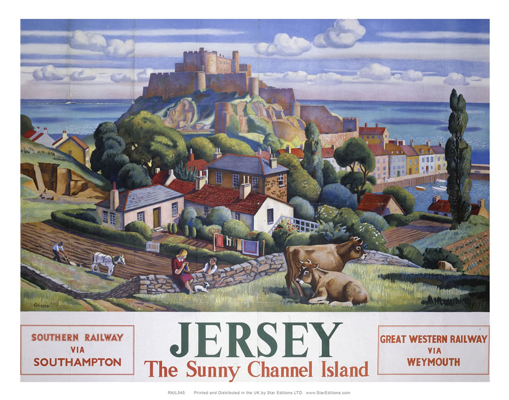 Jersey The sunny channel island via wetmouth- Great wester railway poster 24" x 32" Matte Mounted Print
