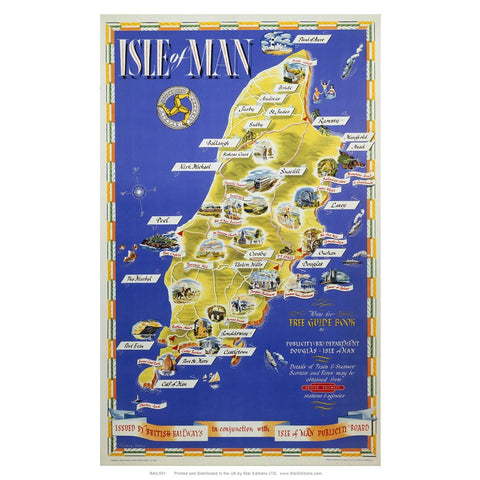 Isle of Man Map poster - British Railways Isle of man Publicity board 24" x 32" Matte Mounted Print