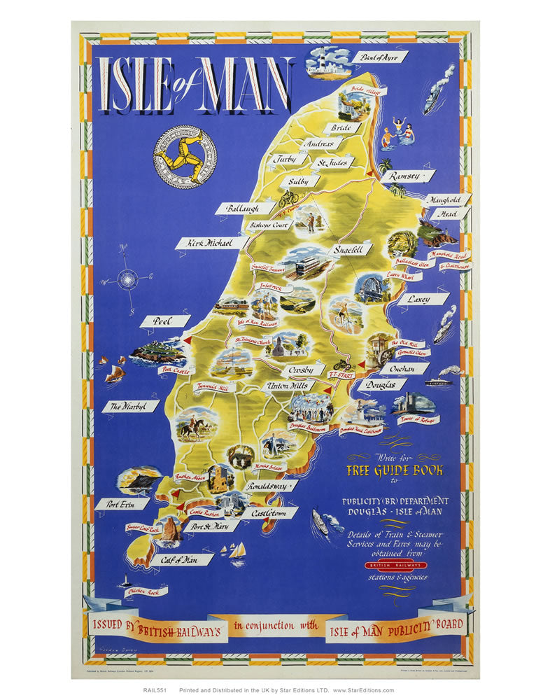 Isle of Man Map poster - British Railways Isle of man Publicity board 24" x 32" Matte Mounted Print