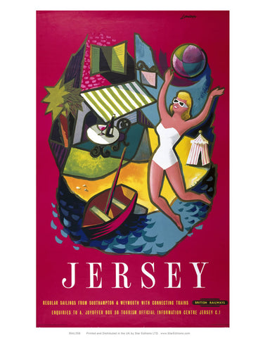 Jersey red British rail Poster - Woman in white swimsuit 24" x 32" Matte Mounted Print