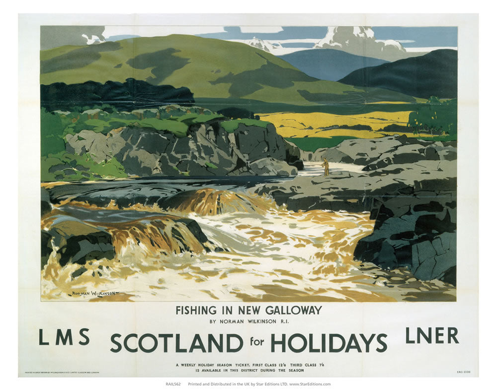 Fishing In Galloway - Scotland For Holidays LMS LNER railway poster 24" x 32" Matte Mounted Print