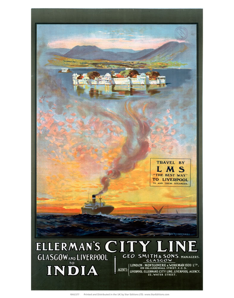 Ellerman's city line - Glasgow to Liver pool to india ship LMS 24" x 32" Matte Mounted Print