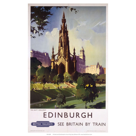 The Scott Monument - Edinburugh by Train British Railways 24" x 32" Matte Mounted Print