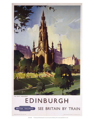 The Scott Monument - Edinburugh by Train British Railways 24" x 32" Matte Mounted Print