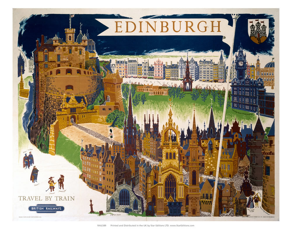 Edinburugh flagpole -travel by train british railways 24" x 32" Matte Mounted Print