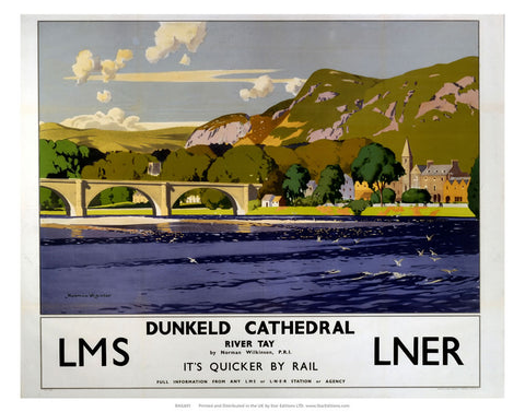 Dunkeld Cathedral on the river tay - Quicker by rail LNER 24" x 32" Matte Mounted Print