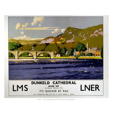 Dunkeld Cathedral on the river tay - Quicker by rail LNER 24" x 32" Matte Mounted Print