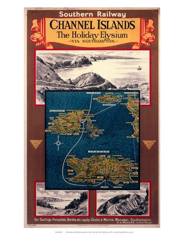 Channel Island Holiday Elysium - Via Southampton map 24" x 32" Matte Mounted Print