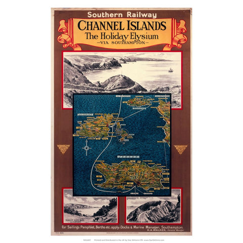 Channel Island Holiday Elysium - Via Southampton map 24" x 32" Matte Mounted Print