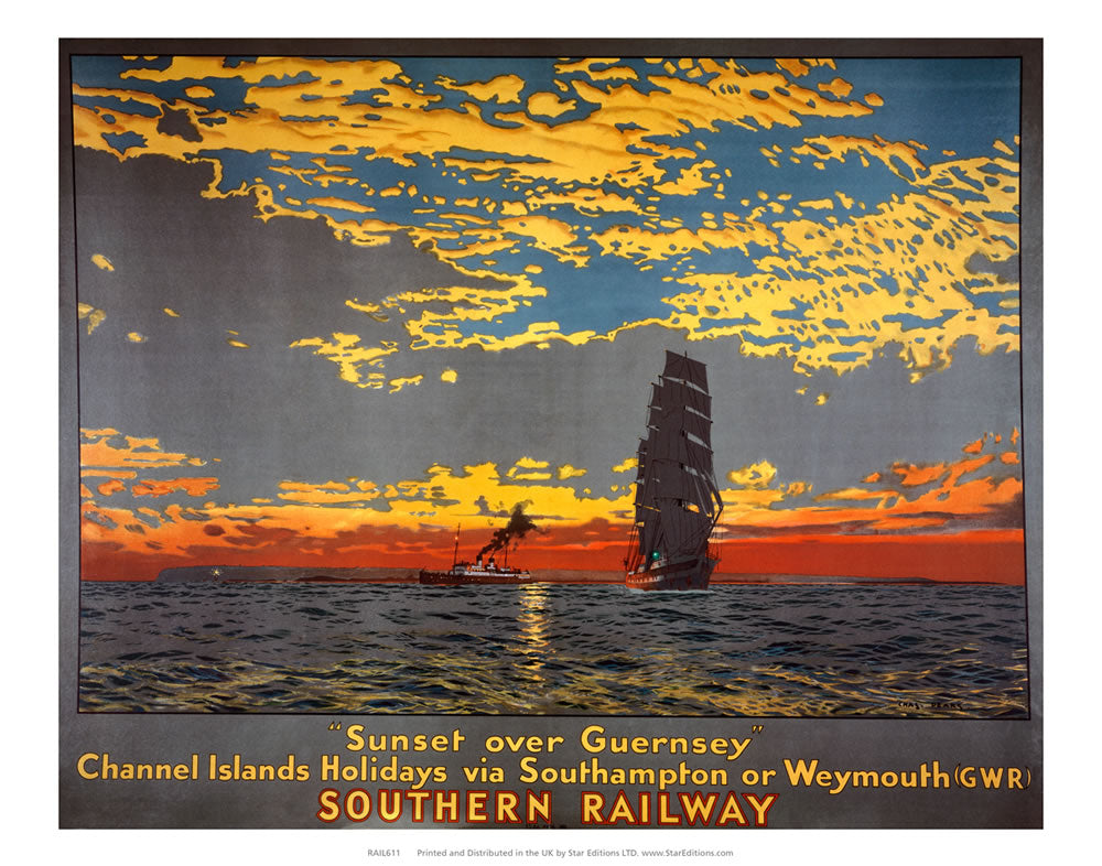 Sunset over guernsey - Southern Railway 24" x 32" Matte Mounted Print