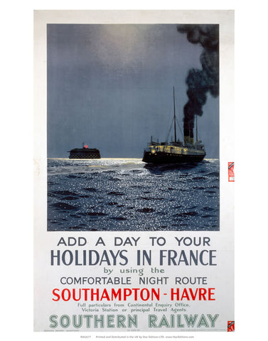 Holidays in France - Southampton to Havre Southern Railway 24" x 32" Matte Mounted Print