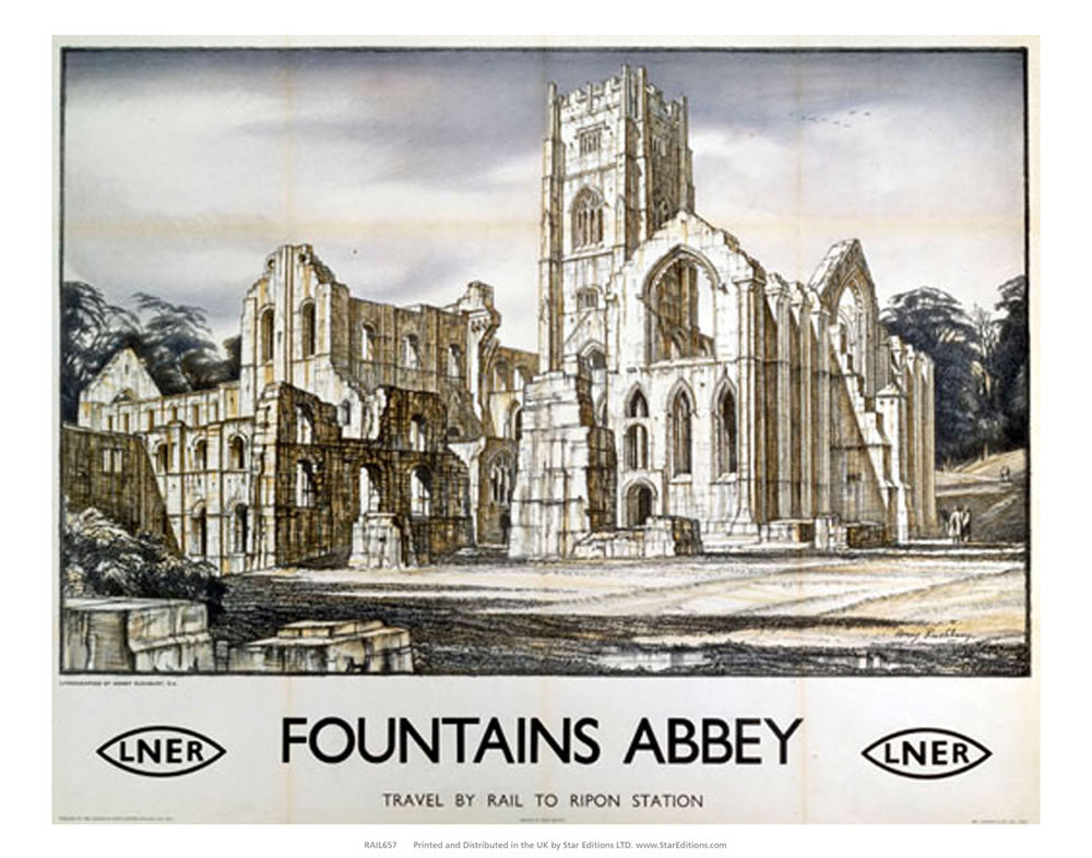 Fountains Abbey - Travel by rail to ripon station by LNER 24" x 32" Matte Mounted Print