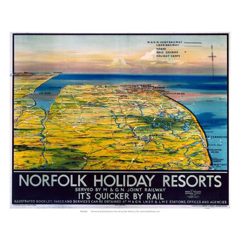 Norfolk Holiday Resorts - Quicker by rail norfolk map 24" x 32" Matte Mounted Print