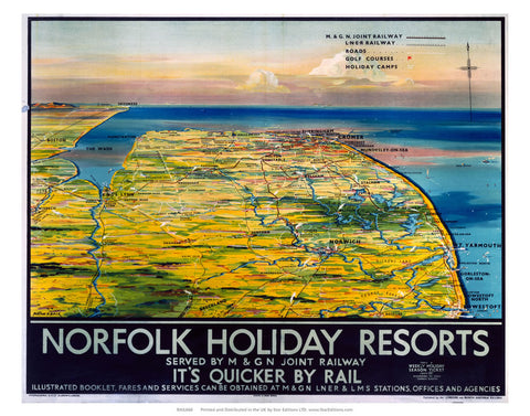 Norfolk Holiday Resorts - Quicker by rail norfolk map 24" x 32" Matte Mounted Print