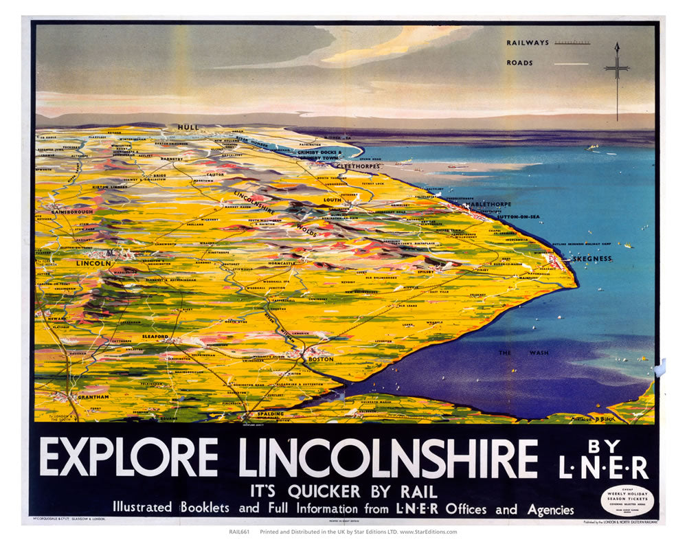 Explore Linconshire - Quicker by rail LNER Map 24" x 32" Matte Mounted Print