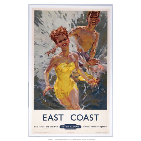 East Coast - Water fight in swimsuits by british railways 24" x 32" Matte Mounted Print