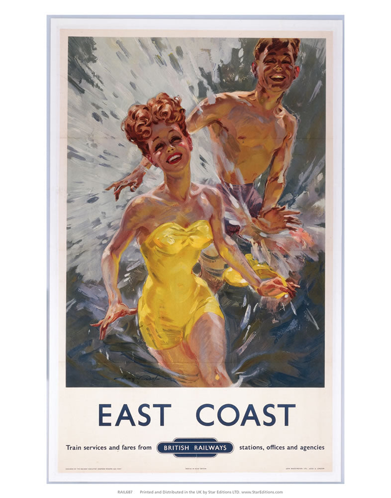 East Coast - Water fight in swimsuits by british railways 24" x 32" Matte Mounted Print