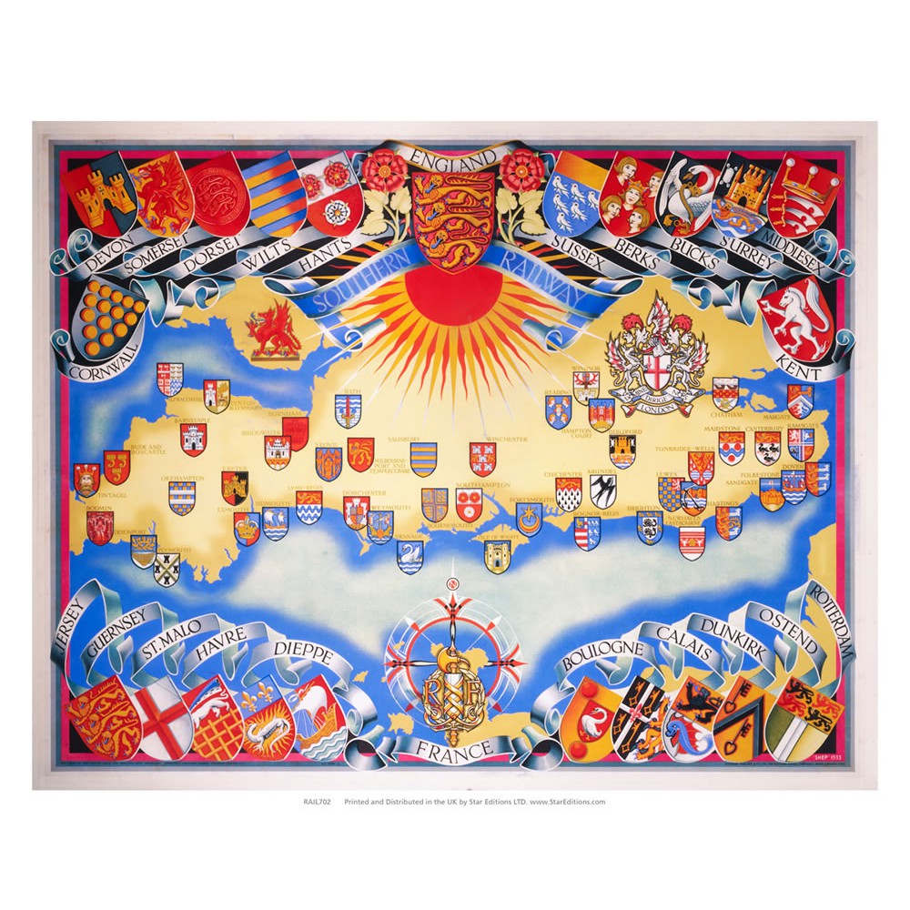 France map - Southern Railway 20cm x 20cm Mini Mounted Print