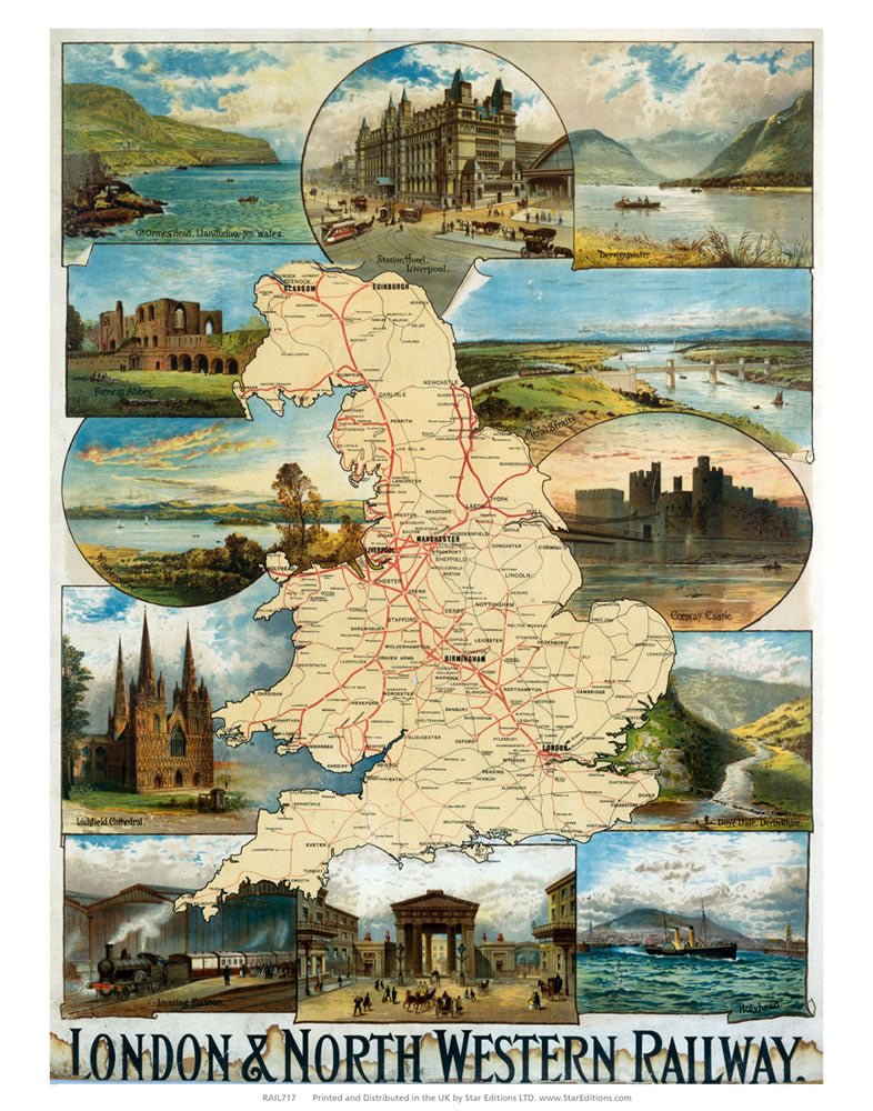 UK Map London and north Western Railway 24" x 32" Matte Mounted Print