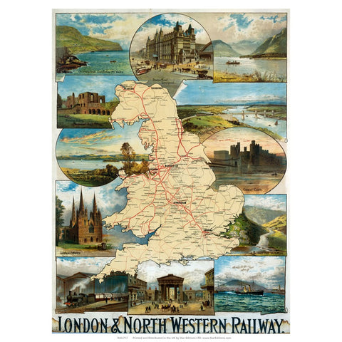 UK Map London and north Western Railway 24" x 32" Matte Mounted Print