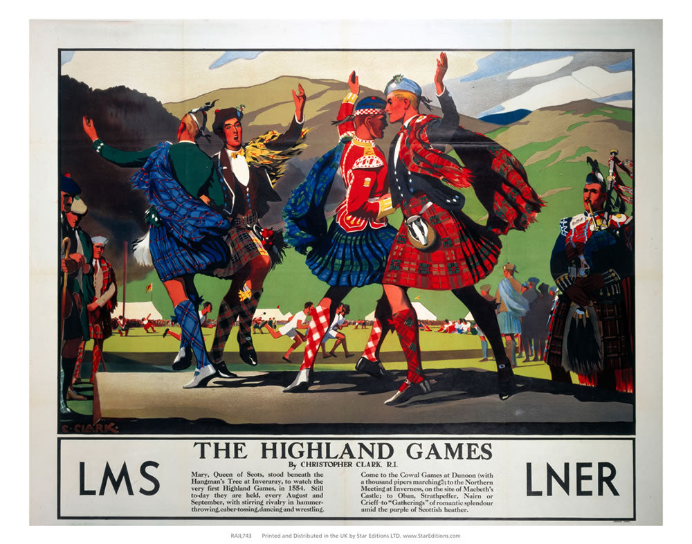 The Highland Games with bagpipe player - LMS and LNER 24" x 32" Matte Mounted Print