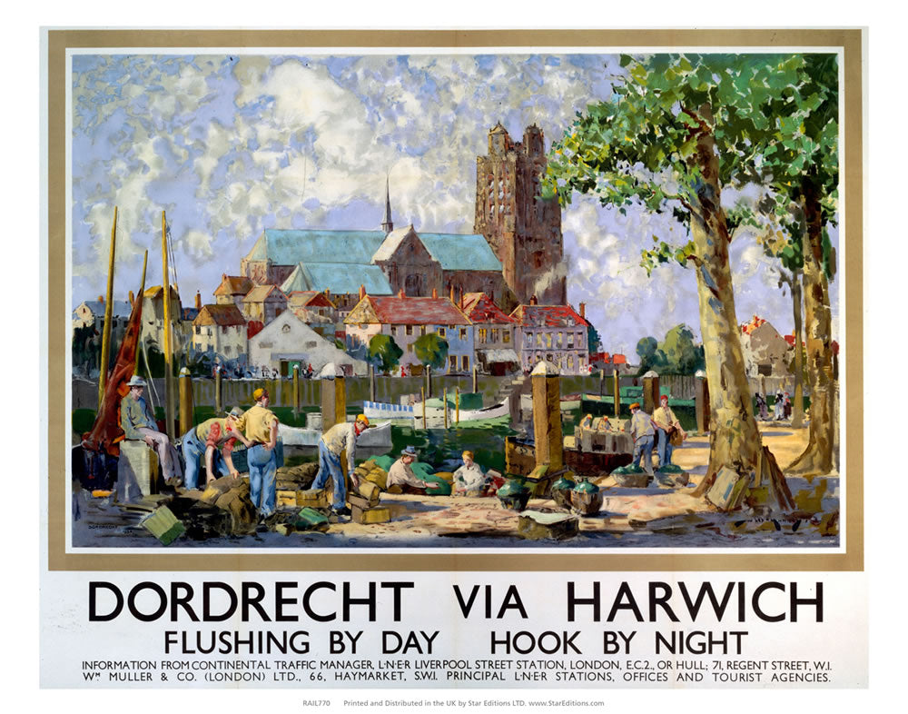 Dordrect Via Harwich - Busy Harbour church in the background 24" x 32" Matte Mounted Print