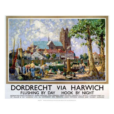 Dordrect Via Harwich - Busy Harbour church in the background 24" x 32" Matte Mounted Print